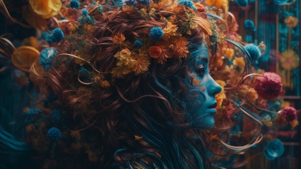 A creatively captured image of a woman adorned with enchanting flowers in her hair, showcasing the artistic prowess of artificial intelligence.