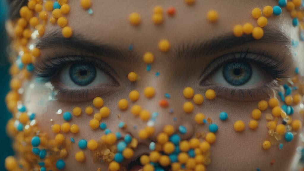 A woman's face adorned with colorful sprinkles, displaying a range of emotions enhanced by artificial intelligence.