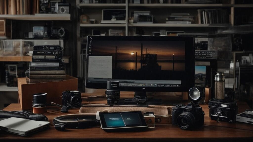 A desk with a computer and camera featuring freebies from AppSumo.